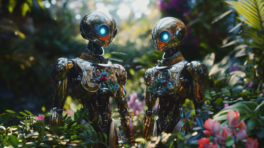 Humanoid Robots Exploring Alien Jungle in Art Nouveau Style