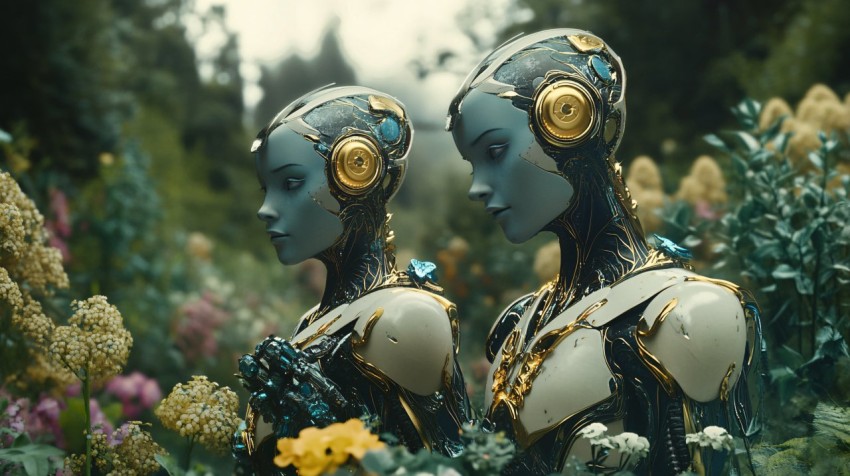 Humanoid Robots Exploring Colorful Alien Jungle in Art Nouveau