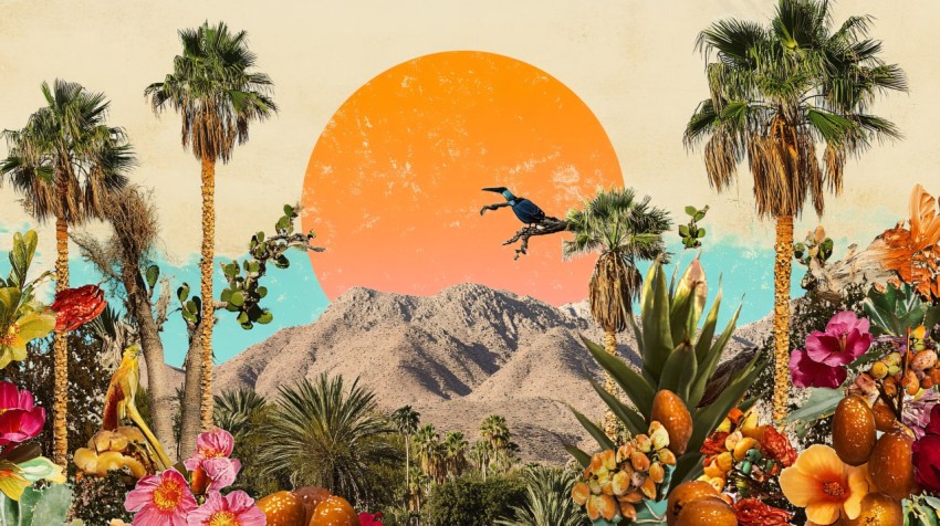 Artful Collage of Dates, Palms, Birds, and Desert Flowers