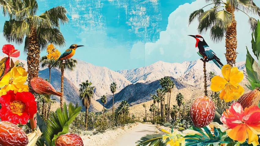 Artful Collage of Dates, Palms, Birds, and Desert Flowers