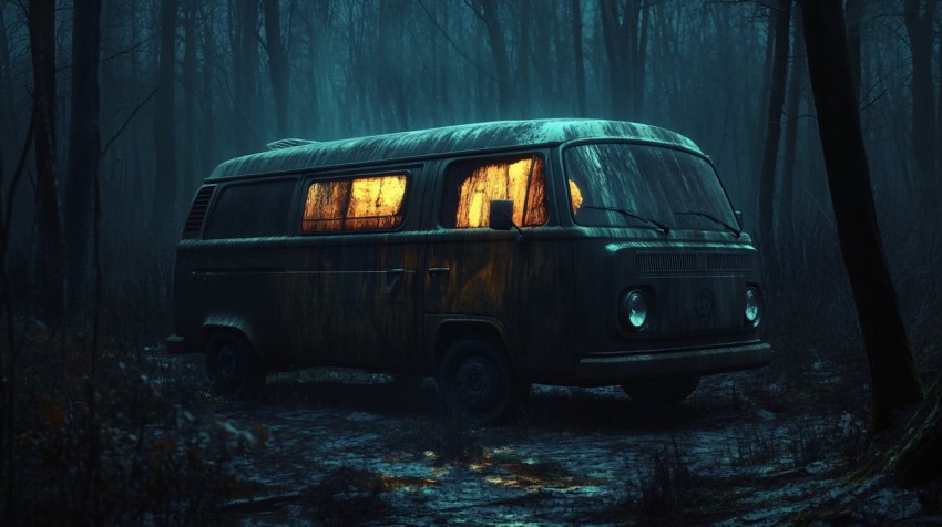 Creepy Van in Dark Forest with Scary Atmosphere