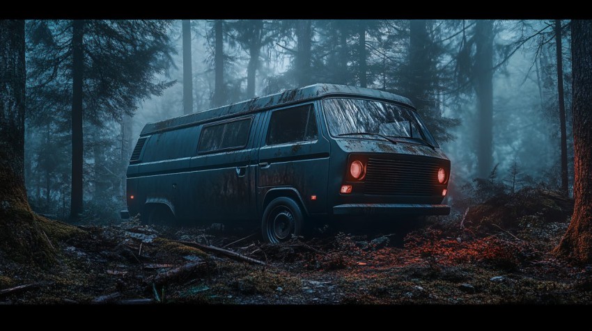 Creepy Van in Dark Forest with Scary Vibes