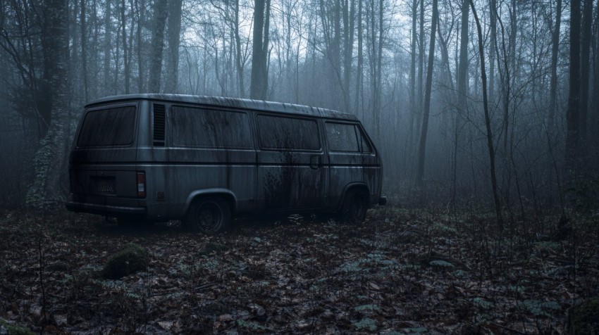 Scary Van in the Woods with Dark Creepy Atmosphere