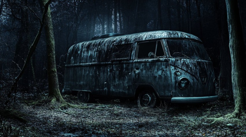 Creepy Van in the Woods with Dark Scary Atmosphere