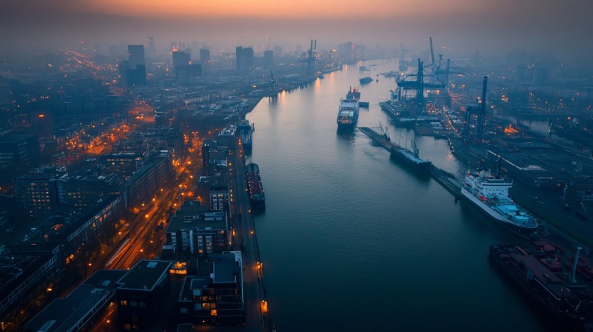 Port of Rotterdam Illuminated at Night with Reflections