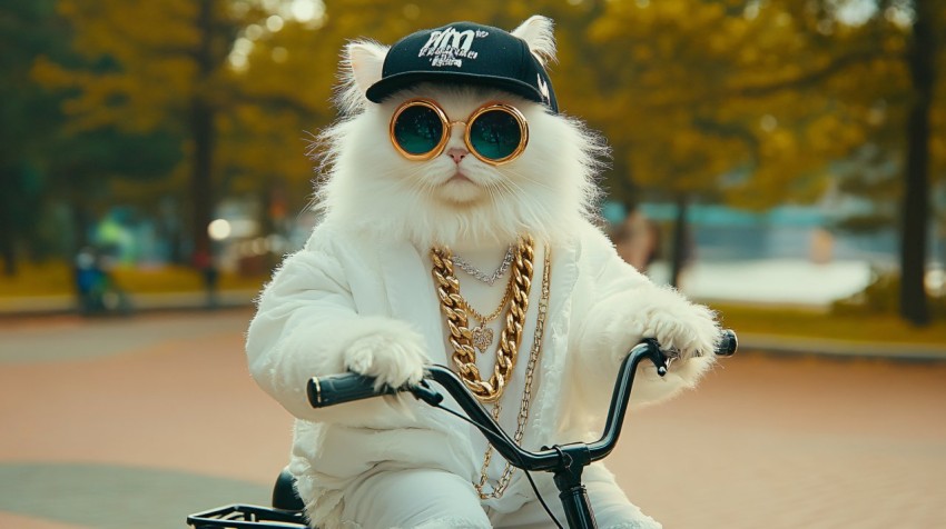 Persian Cat in Hip-Hop Fashion Riding Bike in Park