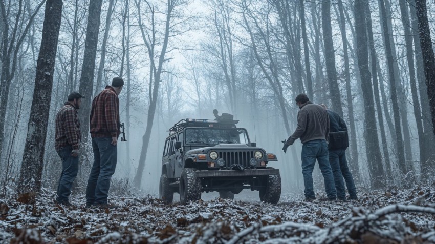 Horror Scene in Winter Woods with Policeman and Creature