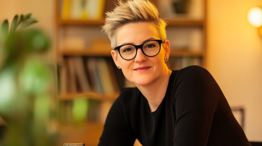 Professional Woman with Short Spiky Hair and Glasses