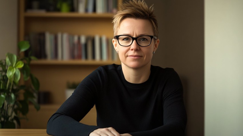 Professional Woman with Short Blonde Hair and Glasses