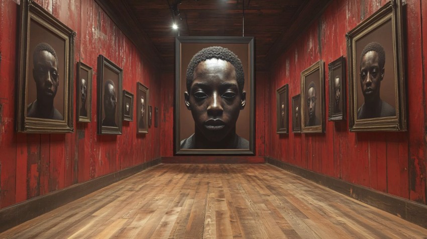 Three-Dimensional Black Boys' Heads in Picture Frames Room