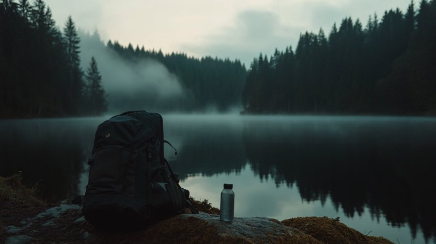 Misty Lake View from Cliff Edge at Dawn