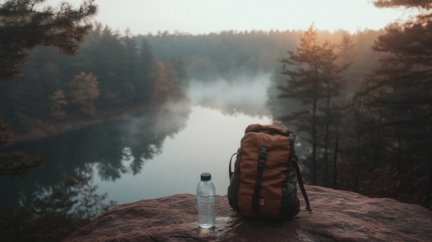 Cliff Edge Overlooking Misty Lake in Early Morning