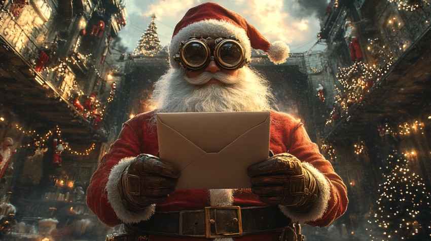 Steampunk Santa Claus Holding Letter in Christmas Workshop