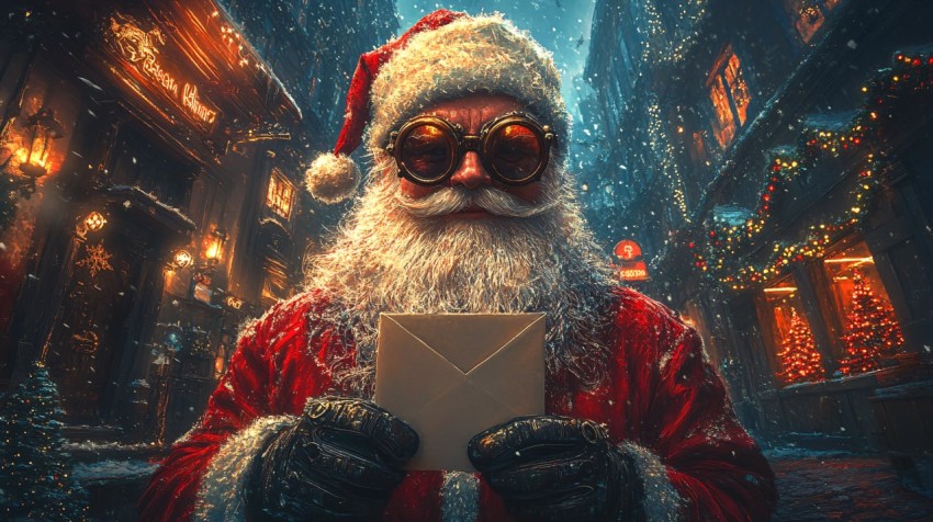 Steampunk Santa Claus Holding Letter in Christmas Workshop