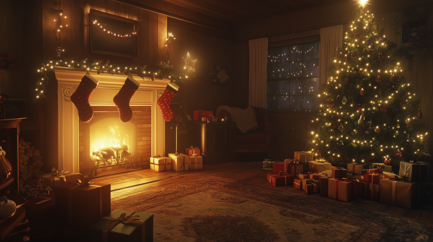 Cozy Christmas Eve Living Room with Fireplace and Christmas Tree