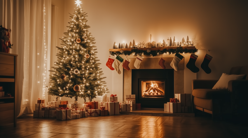 Modern Cozy Christmas Living Room with Fireplace and Tree