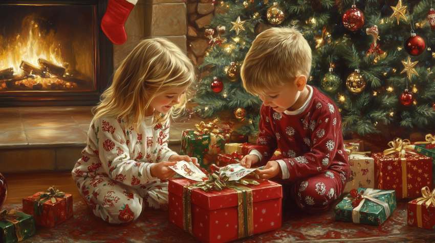 Excited Children Opening Christmas Gifts by the Fireplace