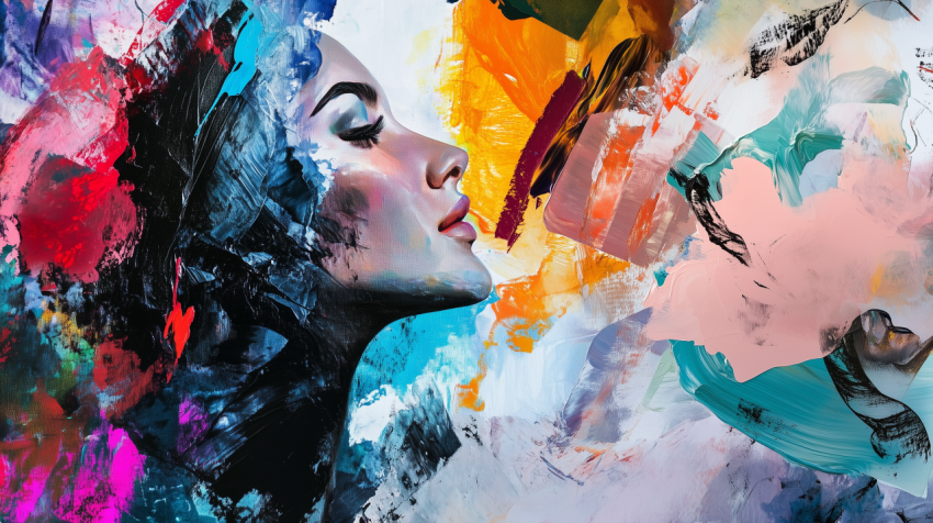 Abstract Woman's Profile Amidst Vivid Brushstrokes of Color