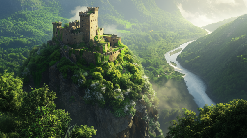 Majestic Castle on a Cliff Overlooking a Serene River Valley