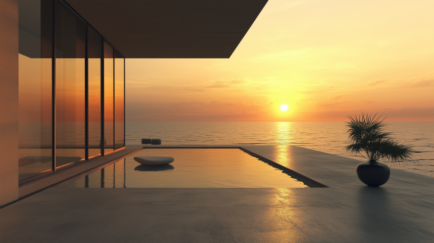 Luxurious Oceanfront Villa Terrace at Sunset