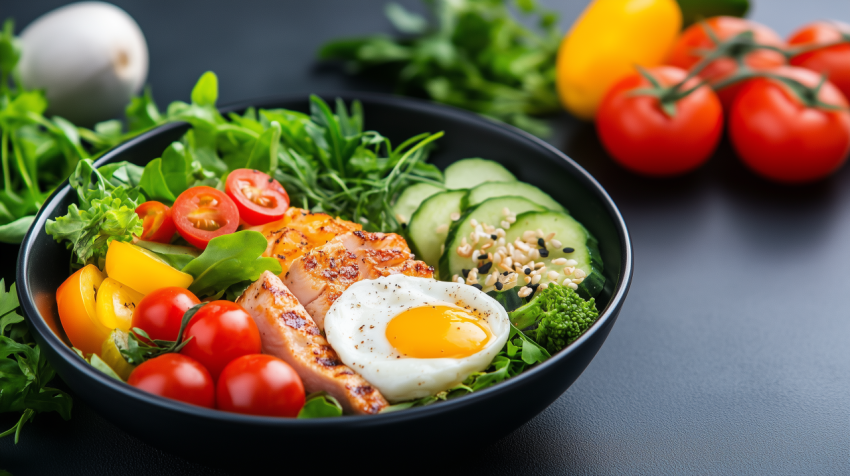 Healthy Salad Bowl with Grilled Chicken, Vegetables, and Egg