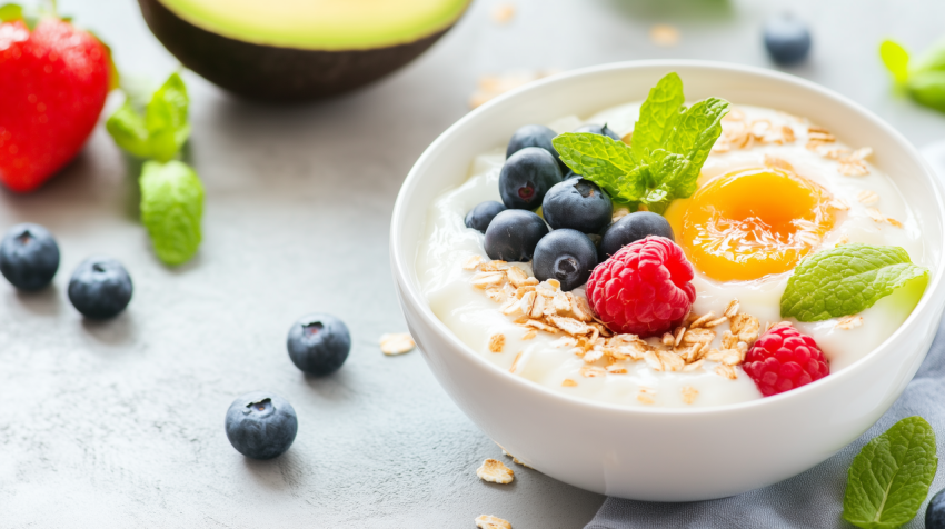 Healthy Breakfast Bowl with Yogurt, Berries, Oats, and Peach