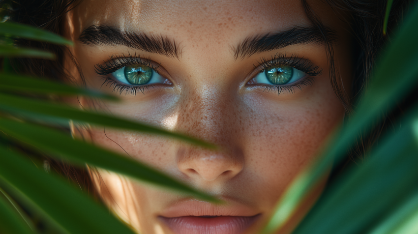 Captivating Green Eyes Peeking Through Tropical Foliage