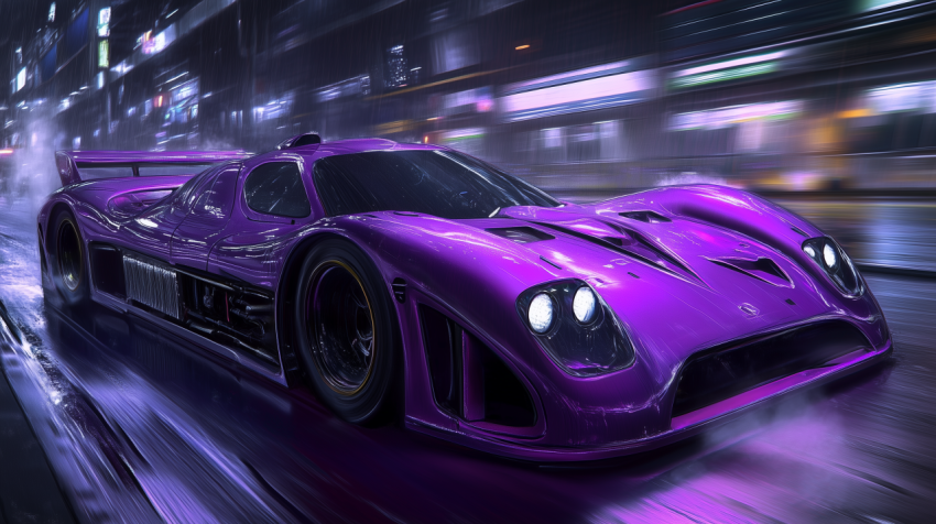 Sleek Purple Supercar Racing Through Neon-Lit Rainy Streets