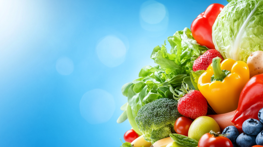 Fresh and Colorful Vegetables and Fruits on a Blue Background