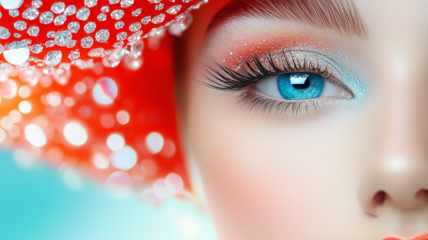 Glamorous Close-Up of a Sparkling Blue Eye with Red Hat