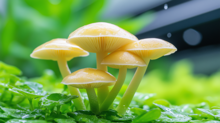 Golden Mushrooms Growing in Dewy Green Forest