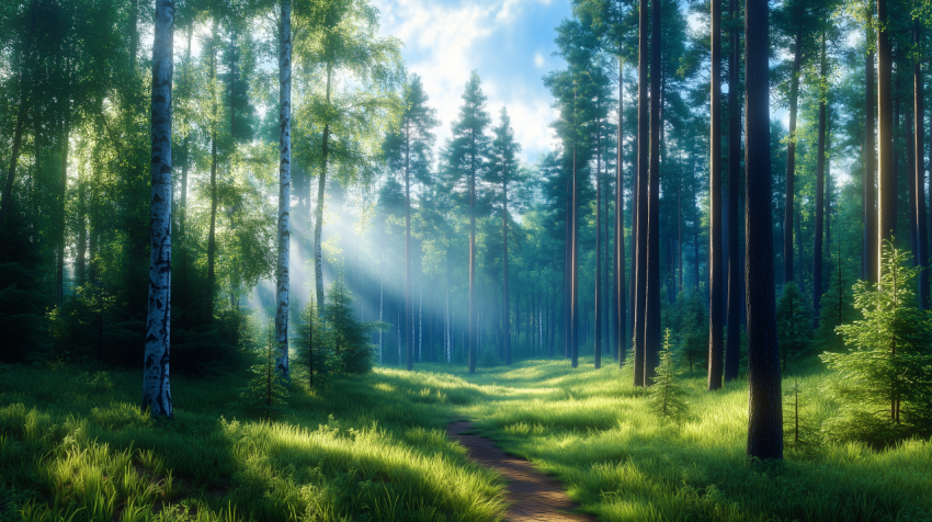 Serene Forest Path Bathed in Sunlight