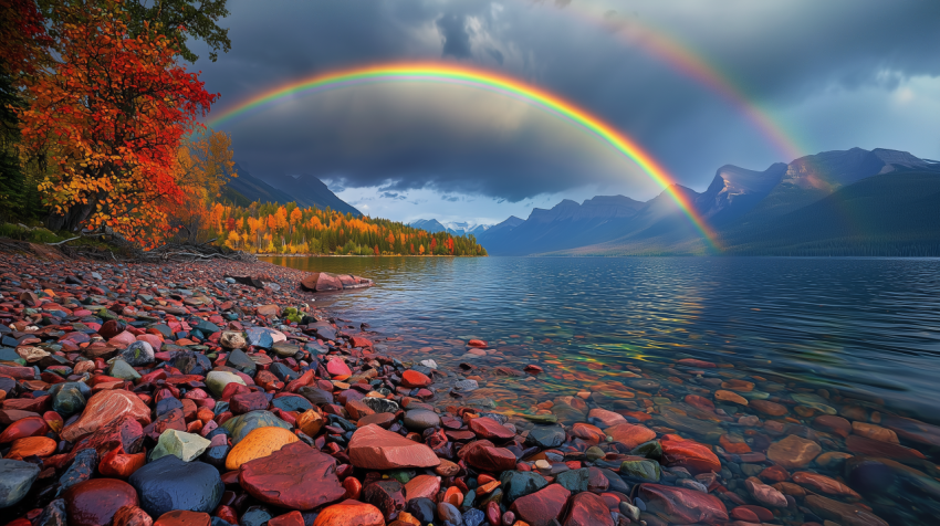 Majestic Rainbow Over a Scenic Mountain Lake in Autumn