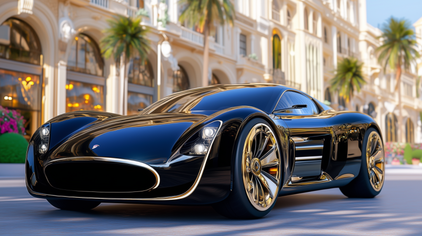 Sleek Black Luxury Sports Car in a Sunlit Cityscape