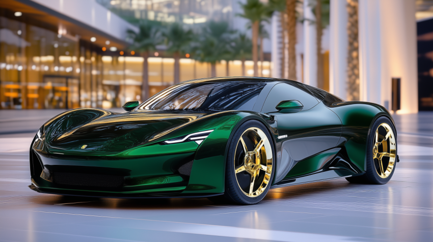 Luxurious Green Sports Car with Gold Accents in a Modern Urban Setting