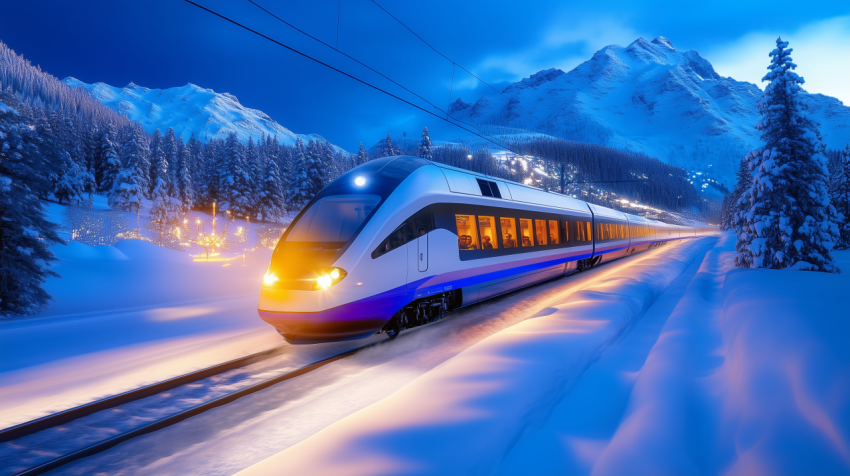 High-Speed Train Through Snowy Winter Landscape