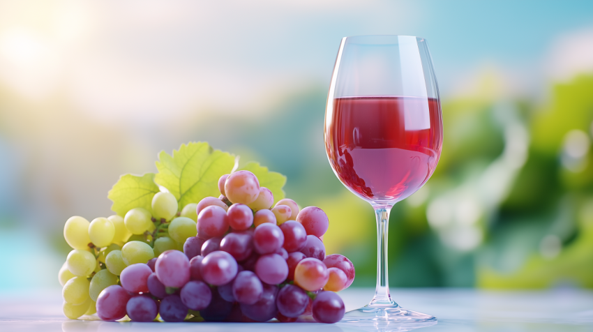 Fresh Grapes and Red Wine Glass in Vineyard Setting