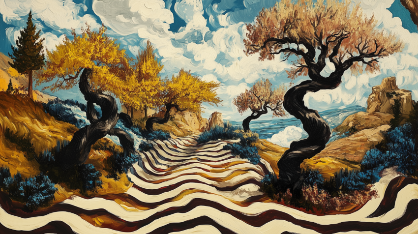 Surreal Landscape with Twisted Trees and Flowing Path in Vibrant Colors