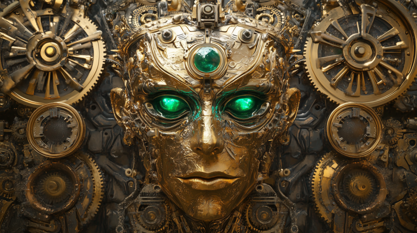 Futuristic Golden Cyborg Face with Emerald Eyes and Gears