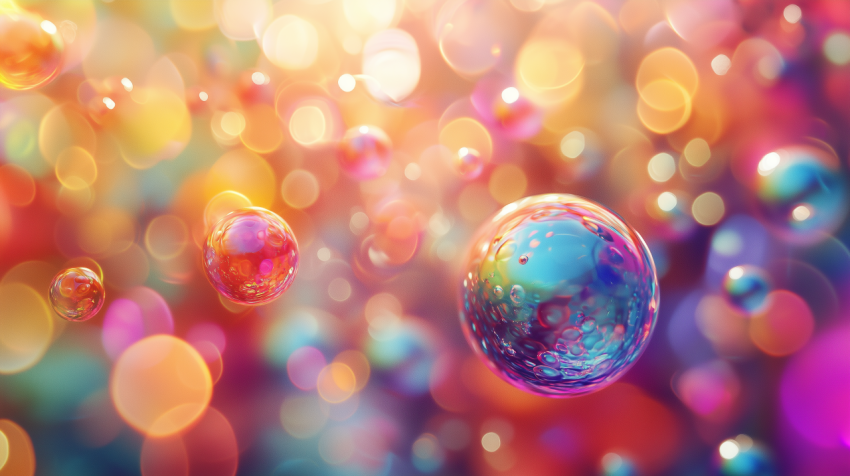 Vibrant Floating Bubbles with Colorful Bokeh Background