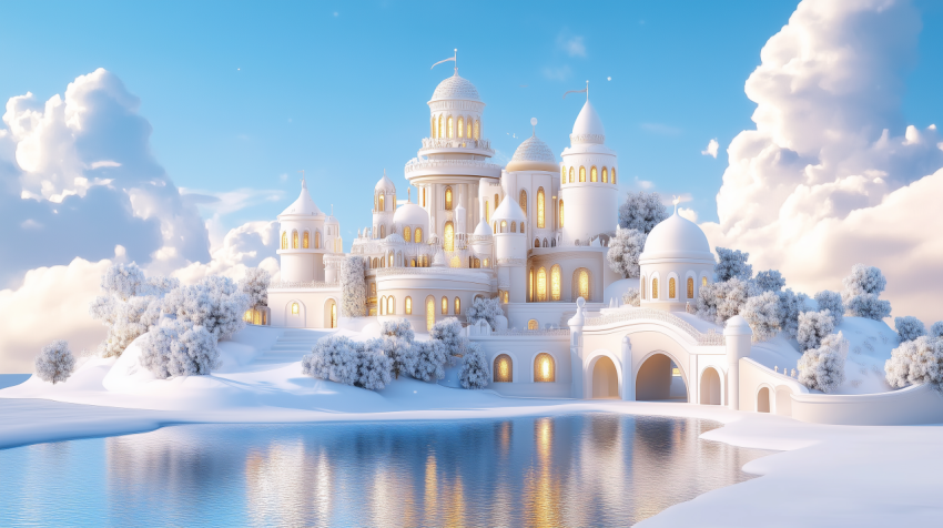 Dreamlike White Palace by a Tranquil Lake Under a Blue Sky