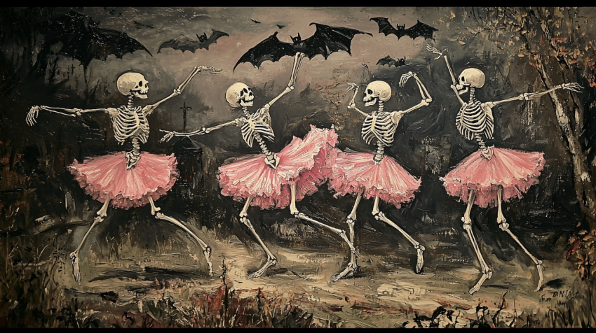 Skeletal Ballerinas in Pink Tutus Dancing with Bats in a Dark Forest