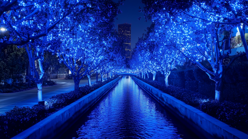 Enchanted Blue-lit Pathway Over Water