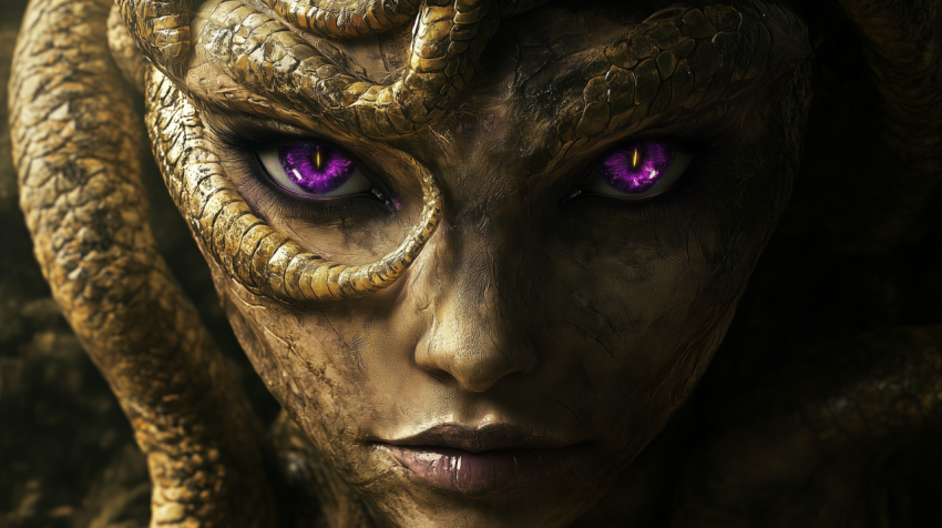 Mystical Serpent Woman with Hypnotic Purple Eyes