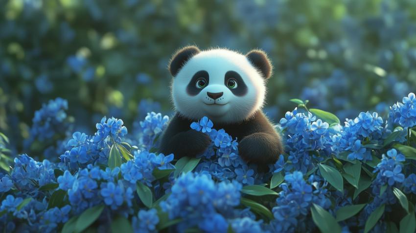 Adorable Panda Cub in Blue Flower Garden