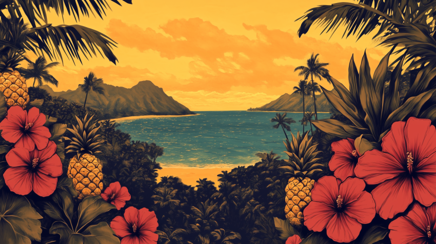 Tropical Sunset with Hibiscus and Pineapples