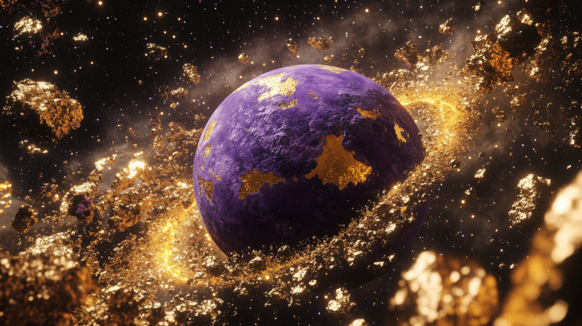 Golden Asteroids Orbiting a Purple Planet