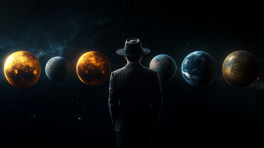 Man in a Suit Facing Celestial Worlds