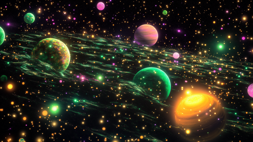 Vibrant Celestial Landscape with Colorful Planets and Stars