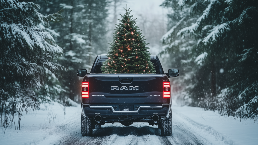 Christmas Tree in Truck Bed Driving Through Snowy Forest